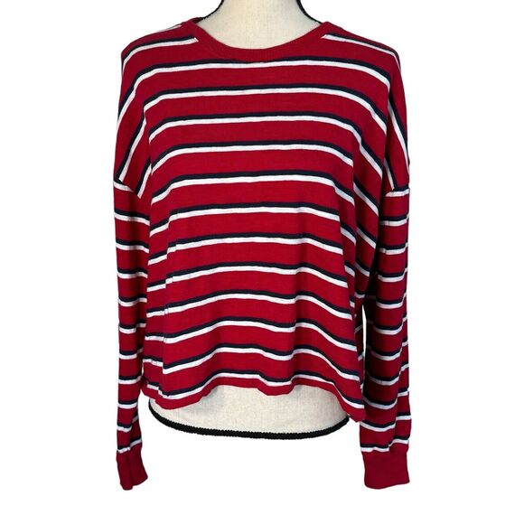 Hollister Large Cropped Boyfriend Tee-Shirt Top Striped Long Sleeve Oversized - Picture 1 of 9
